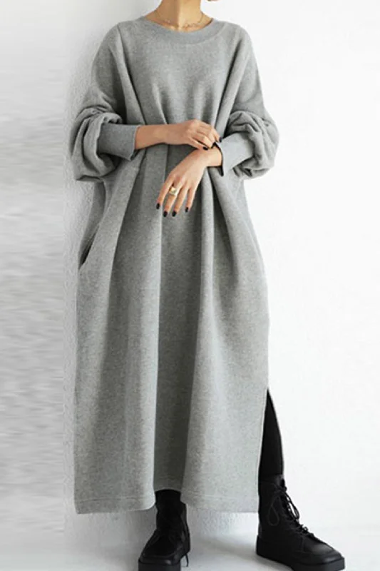 Solid Crew Neck Slit Sweatshirt Dress Hoodie with Side Slits Relaxed Casual