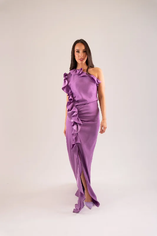 Kayla One Shoulder Ruffle Dress In Lavender Crew Neckline Sporty