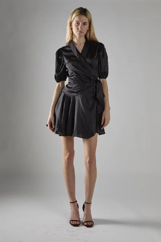 Black Sateen V-Neck Wrap Mini-Dress Tunics Modern contemporary