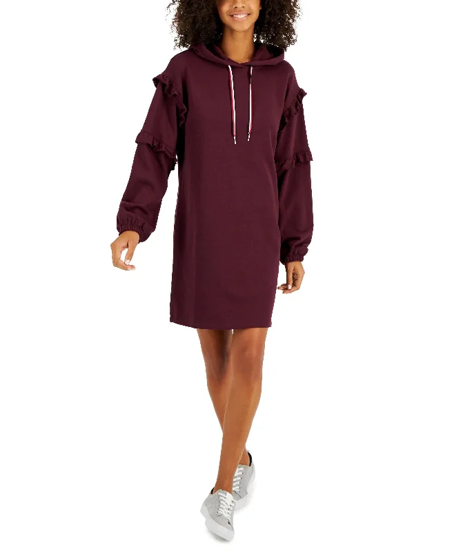 Tommy Hilfiger Womens Ruffle Sleeve Sweatshirt Dress Hoodie with Zipper Placket Modern Functional