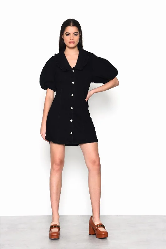 Black V-Neck Button Front Mini-Dress Boatneck Modish Everyday