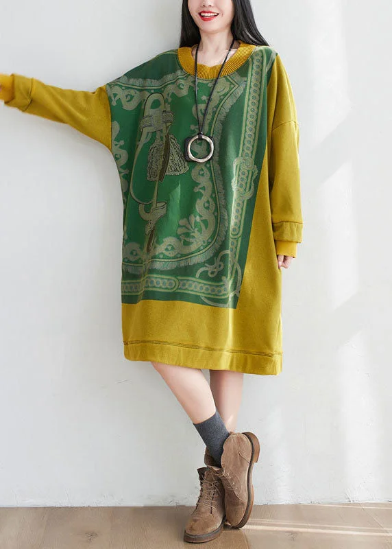 Yellow Patchwork Cotton Loose Sweatshirt Dress O-Neck Print Spring Hoodie with Crew Neck Simple Timeless