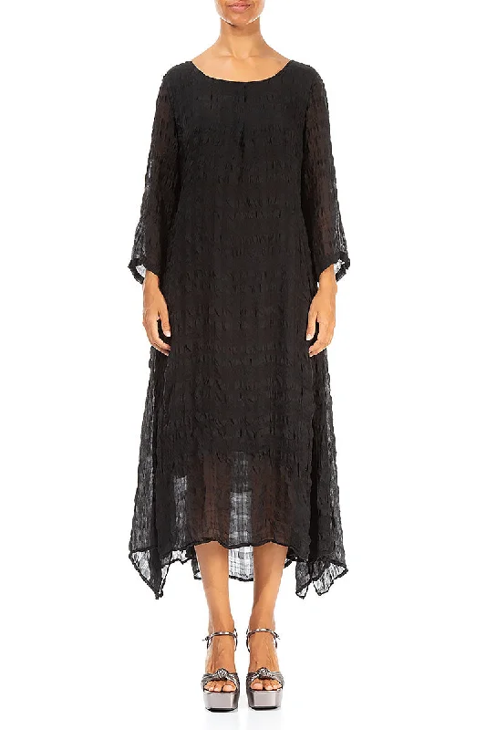 Flowy Tie Up Black Textured Silk Dress Tunics Formal black