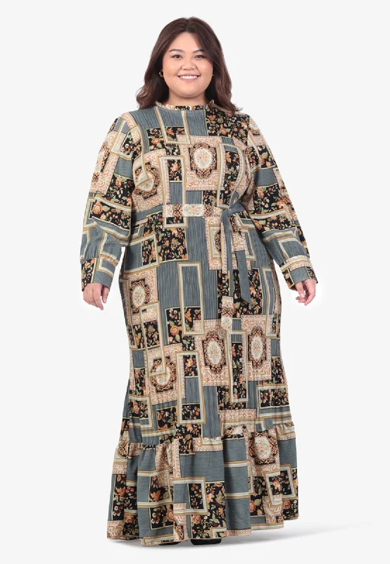 Damyra Raya Pleated Prints Belted Long Dress - Grey empire Waist empire