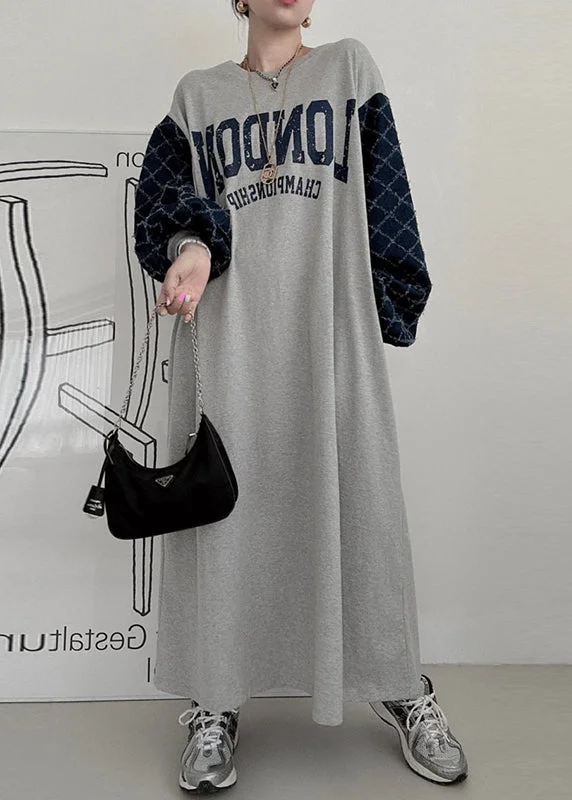 Casual Grey Oversized Patchwork Cotton Sweatshirt Dress Lantern Sleeve Hoodie with Hem Embroidery Detailed Premium