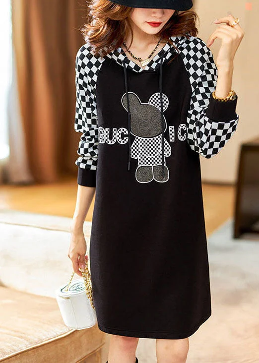 Boho Black Hooded Plaid Sweatshirt dress Winter Hoodie with Mesh Breathable Sporty