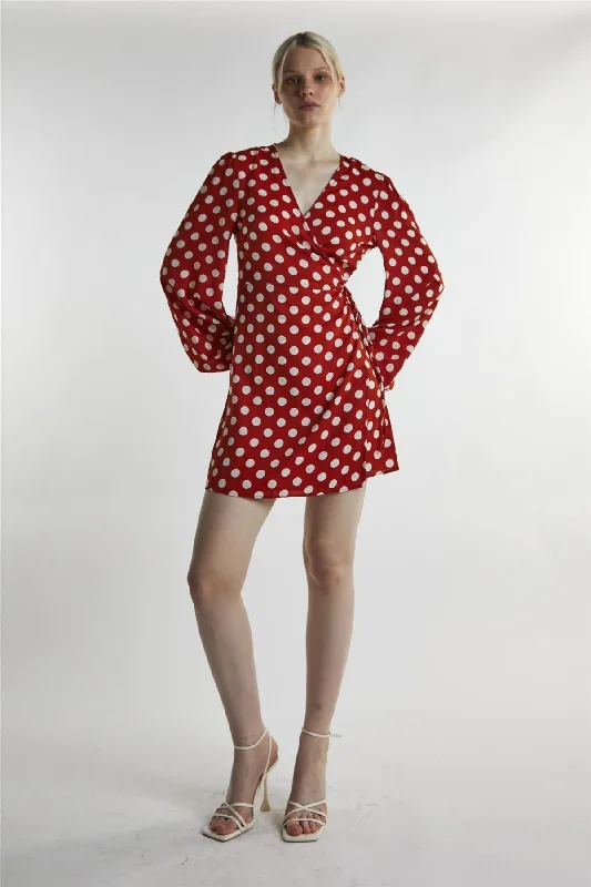 Rust White Polka Wrap Mini-Dress Pencil Office Professional