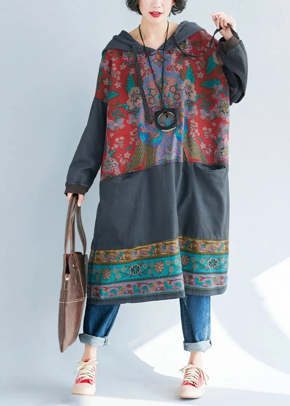 Women Grey Hooded Print Sweatshirts dresses Spring Hoodie with Zipper Versatile Modern