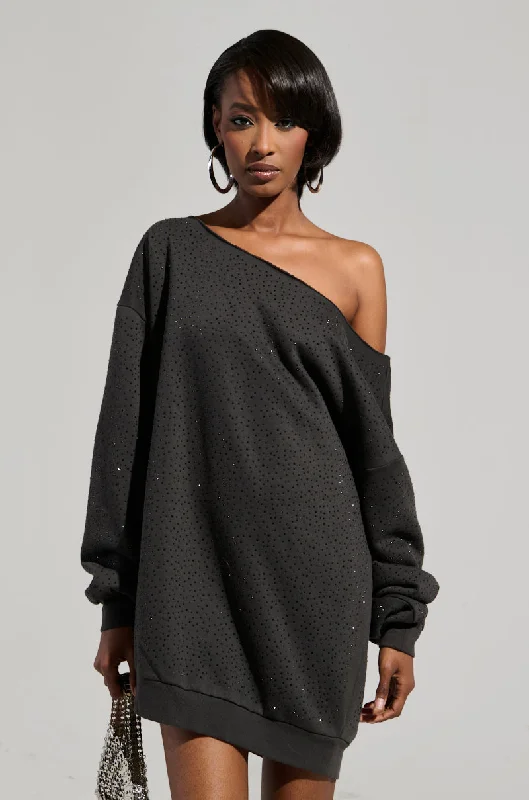 STREET STYLE OVERSIZED RHINESTONE SWEATSHIRT DRESS Hoodie with Raglan Sleeves Sporty Comfortable