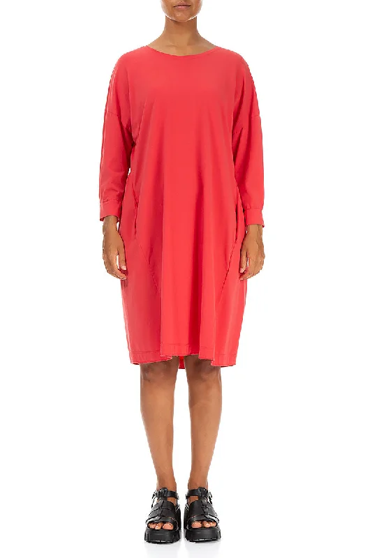 Flared Back Poppy Red Cotton Dress Turtleneck Warm Winter