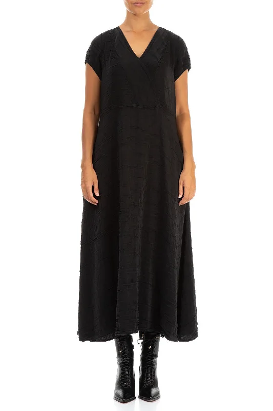 Flared V-Neck Crinkled Black Silk Dress Halter Neckline Beach