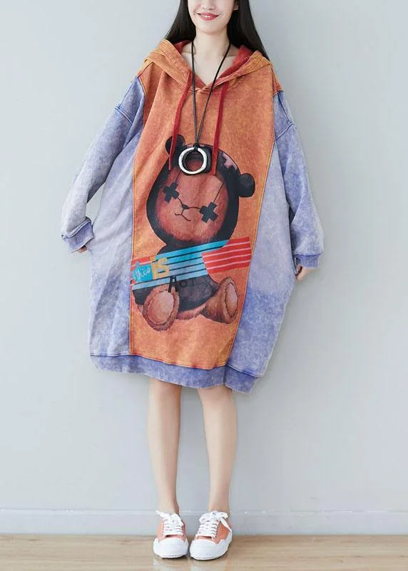 Style Orange Hooded Print Drawstring Fall Sweatshirts Dress Hoodie with Relaxed Fit Easy Casual