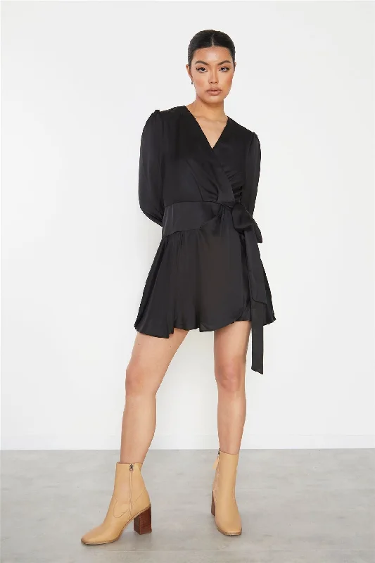 Black Front Wrap V-Neck Mini-Dress Tunics Designer luxury