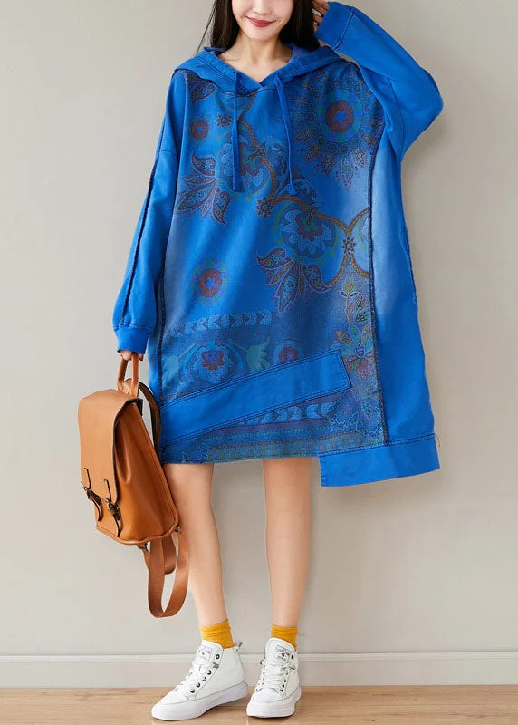 Blue Print Sweatshirts dresses drawstring Asymmetrical Spring Hoodie with Earth Tones Natural Calm