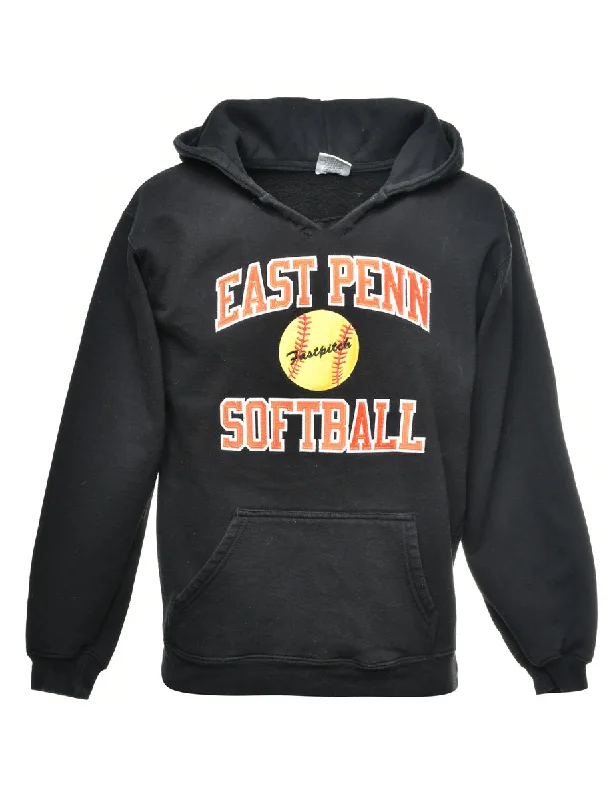 Softball Printed Hoodie - S Hoodie with Hem Frayed Vintage Worn