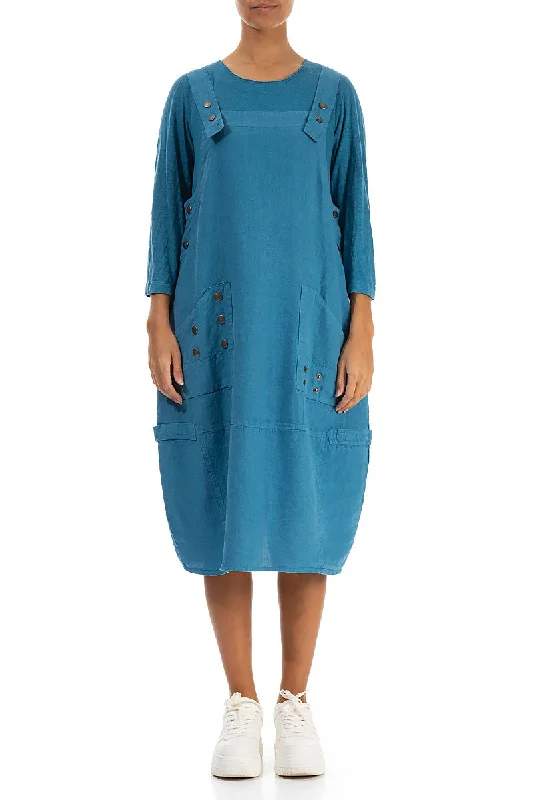 Pin Décor Denim Linen Pinafore Dress Tunics Cozy soft