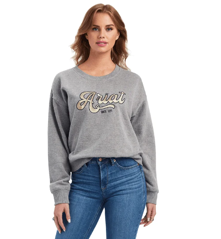 Ariat Women's REAL Metallic Varsity Grey Sweatshirt 10041817 Hoodie with Stripes Bold Sporty