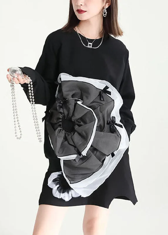 Bohemian Black Asymmetrical Patchwork Tulle Applique Cotton Sweatshirts Dress Fall Hoodie with Hem Lace Feminine Delicate
