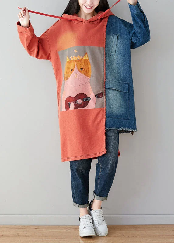 French Orange Asymmetrical Design Cartoon Print Cotton Sweatshirt Dress Spring Hoodie with Puffed Sleeves Voluminous Trendy