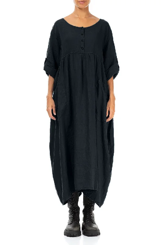 Buttoned Midnight Blue Linen Dress Tunics stripes playful