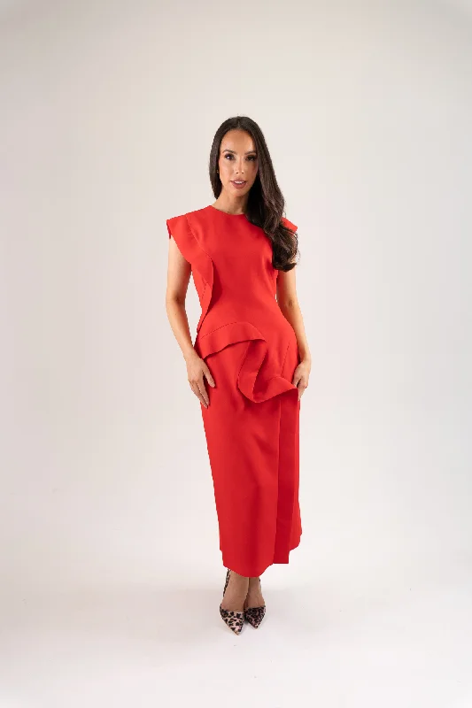 Kayla Zig Zag Ruffle Dress In Red Tunics Fall fleece