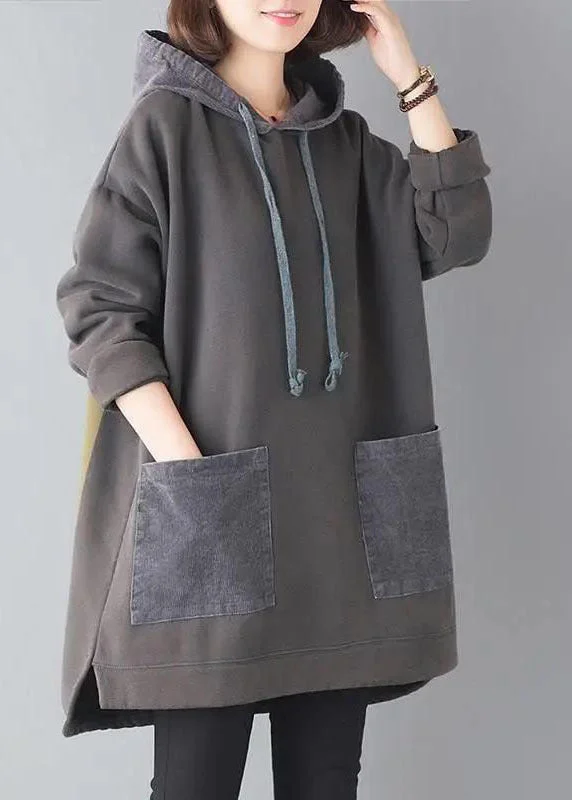 Fine Grey Hooded Pockets Patchwork Warm Fleece Loose Sweatshirt Winter Hoodie with Hem Elastic Stretchable Comfortable