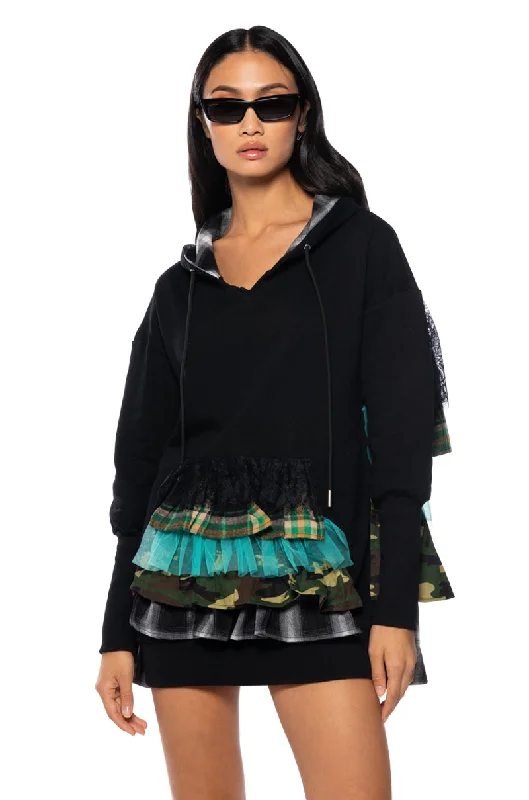 RUFFLE MY FEATHERS SWEATSHIRT DRESS Hoodie with Ribbed Hem Stretchable Secure