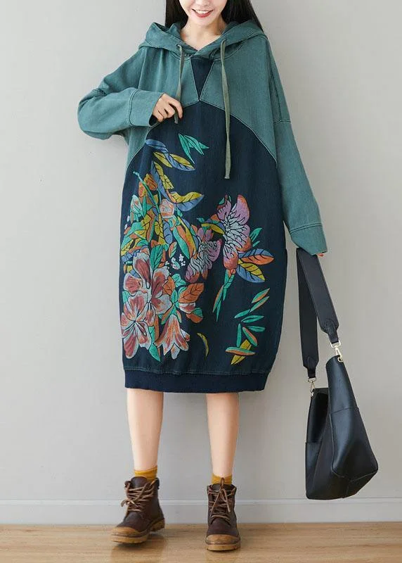 Beautiful Blue Hooded Pockets Drawstring Print Fall Sweatshirts Dress Hoodie with Thumb Holes Functional Cozy