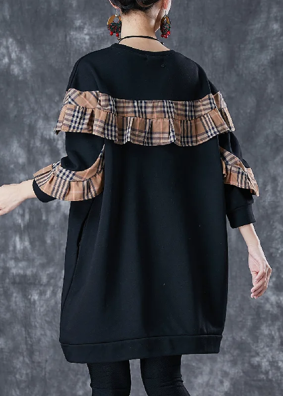 Black Loose Patchwork Cotton Sweatshirt Dress Ruffled Fall Hoodie with Velcro Closure Adjustable Secure