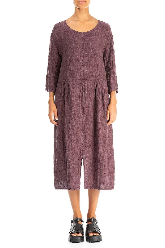 Dropped Shoulders Mauve Taupe  Mélange Linen Dress Shift Classic Vintage