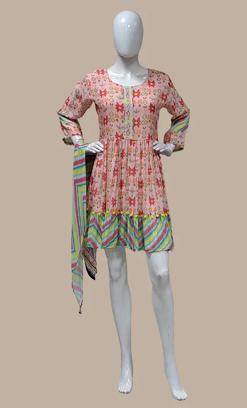 Light Peach Printed Kurti Dress & Dupatta Tunics Business professional