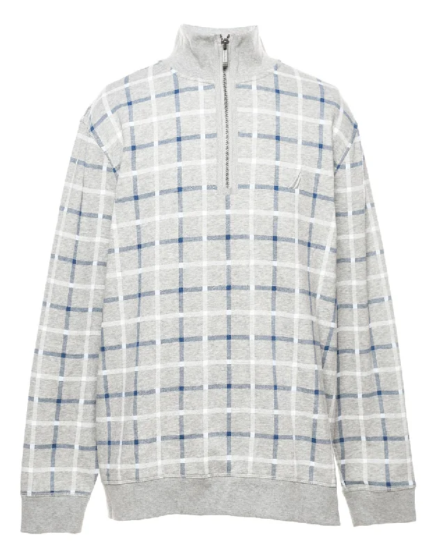 Nautica Checked Light Blue, Grey & White Printed Sweatshirt - XL Hoodie with Drawcord Adjustable Secure