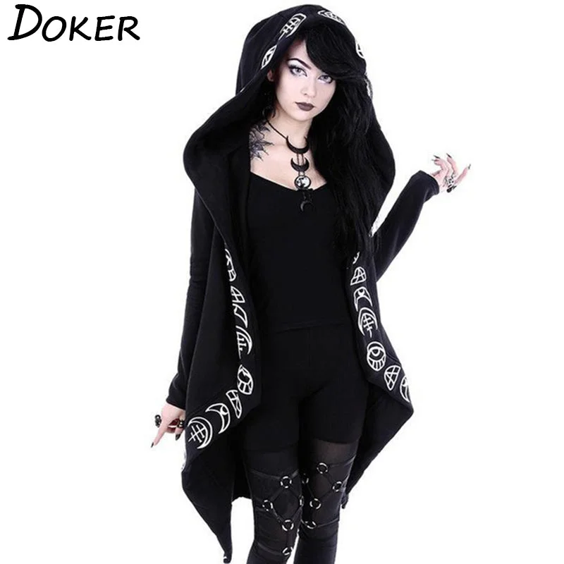 Gothic Punk Black Long Women Hoodies Hoodie with Ribbed Hem Stretchable Secure