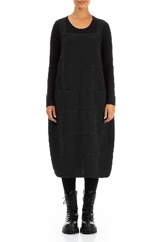 Black Patterned Linen Pinafore Dress Off-the-shoulder Chic Trendy