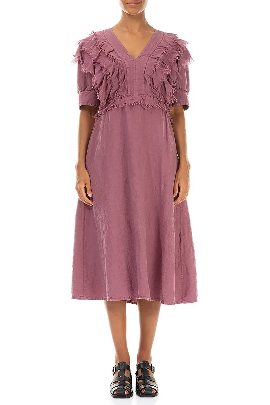 Ruffle Mauve Taupe Linen Dress Floral Print girly