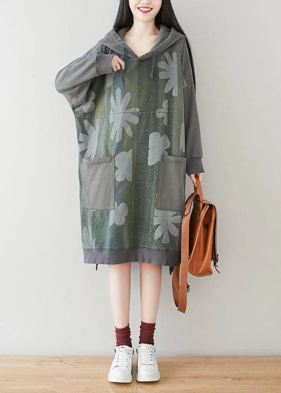 Unique Grey Hooded Pockets Patchwork Print Fall Sweatshirt Dress Hoodie with Reflective Safety Nightwear