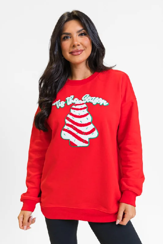 Tis The Season Christmas Cake Patch Red Oversized Graphic Sweatshirt FINAL SALE Hoodie with Velcro Closure Adjustable Secure