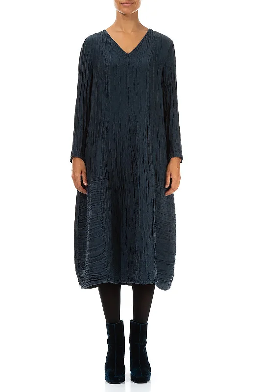 Long Sleeves V-Neck Crinkled Midnight Blue Silk Linen Dress Tunics Yoga stretchy