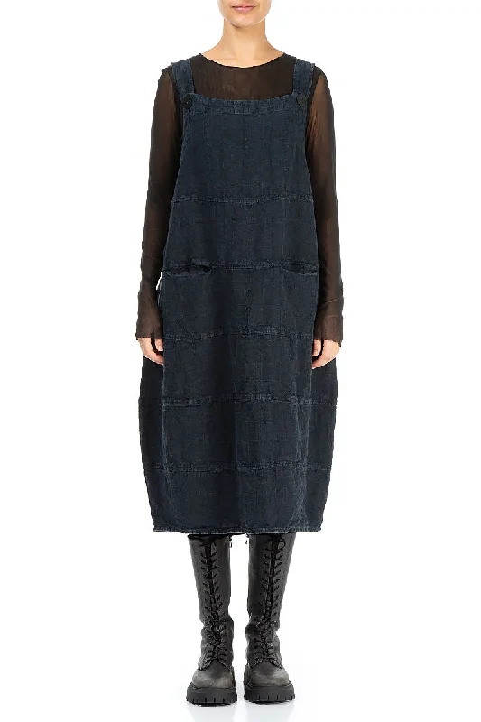 Midnight Blue Patterned Linen Pinafore Dress Boatneck Modish Everyday