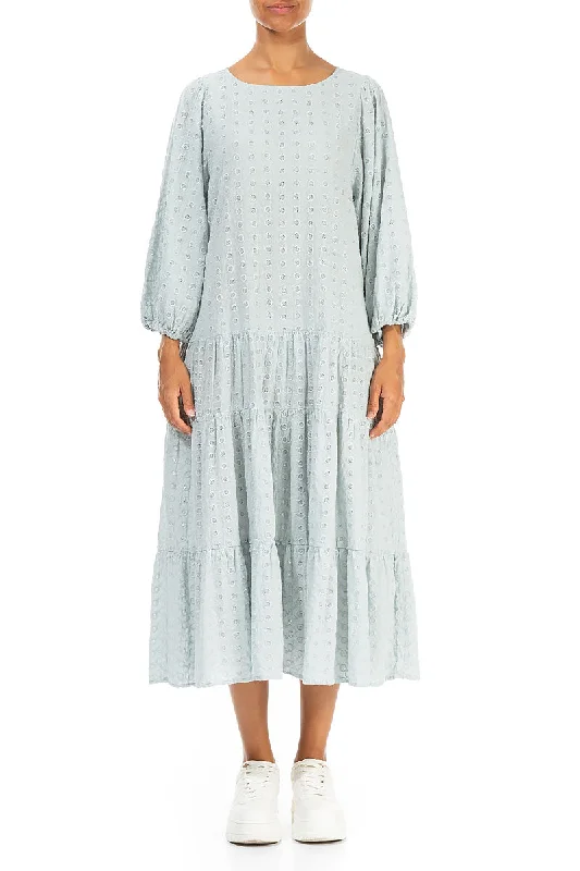 Embroidered Puff Sleeves Light Grey Cotton Dress Square Neckline Feminine