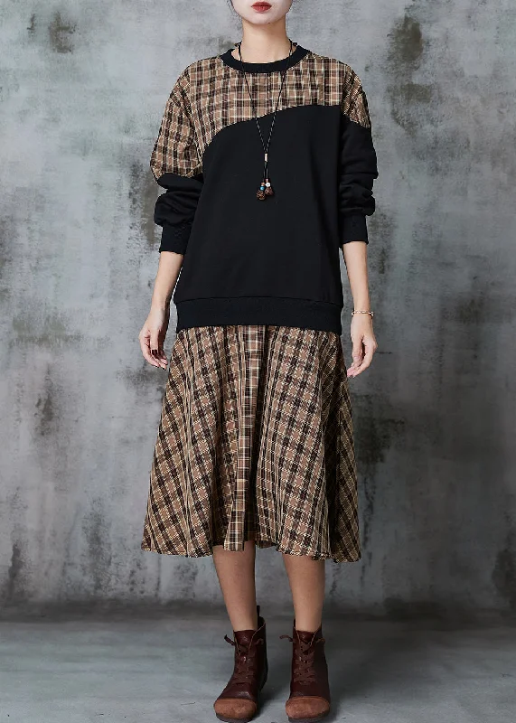 Modern Khaki Plaid Patchwork Cotton Loose Sweatshirts Dress Spring Hoodie with Drop Shoulder Relaxed Streetwear