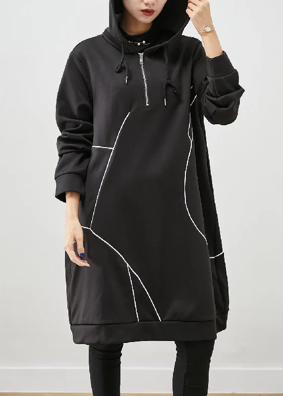 Italian Black Oversized Patchwork Cotton Sweatshirt Dress Fall Hoodie with Elastic Waist Stretchable Comfortable