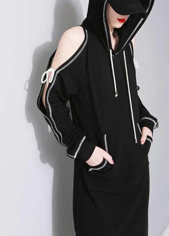 New Black hooded Pockets asymmetrical design Fall Sweatshirts Dresses Hoodie with Slim Fit Tailored Modern
