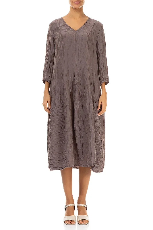 V-Neck Crinkled Truffle Silk Linen Dress Tunics Stylish elegant
