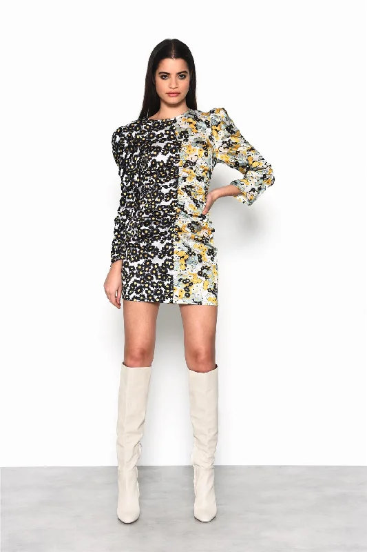 Mono Mustard floral Long-Sleeve Bodycon Mini-Dress empire Waist empire