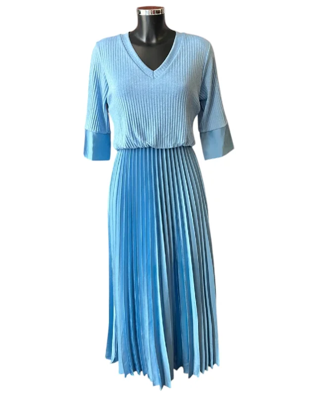 Connie v neck pleated dress - Blue Tunics Practical easy-care