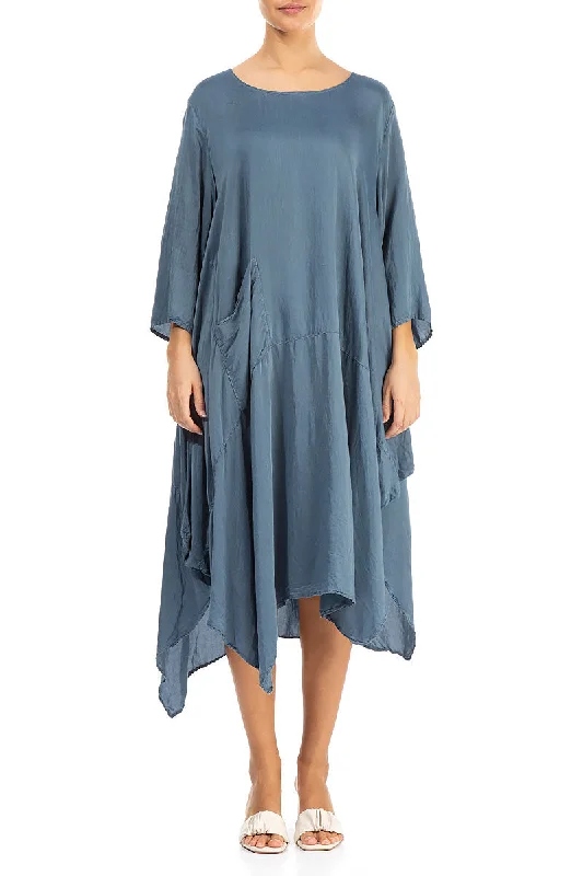 Asymmetric Denim Silk Bamboo Dress Cowl Neckline Elegant