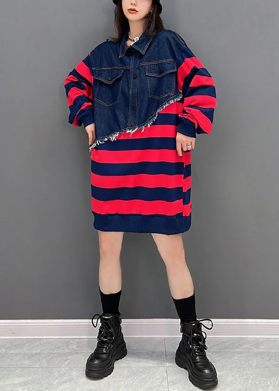 Boutique Red Striped Patchwork Denim Cotton Sweatshirts Dress Fall Hoodie with Hem Ribbing Snug Secure