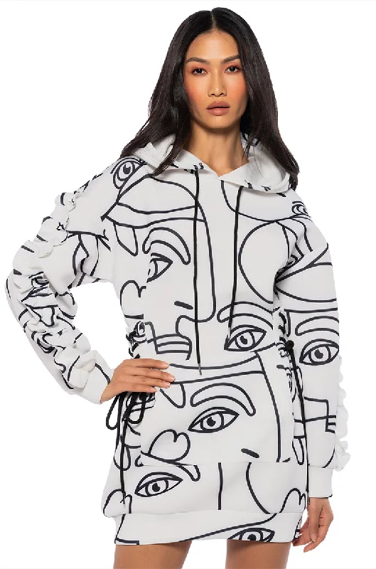 BROOKLYN ABSTRACT SCUBA SWEATSHIRT DRESS Hoodie with Raw Hem Edgy Unfinished