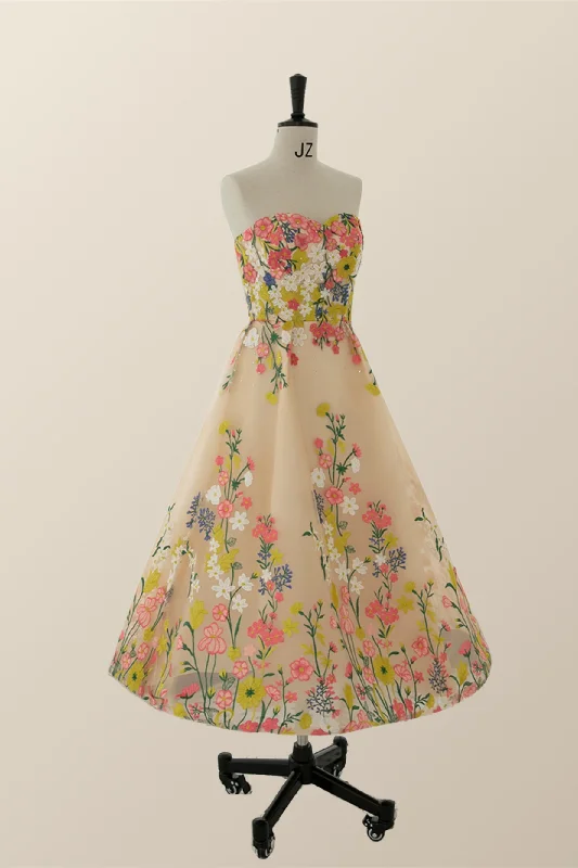 Strapless Champagne Floral A-line Tea Length Dress Tunics Luxurious high-end